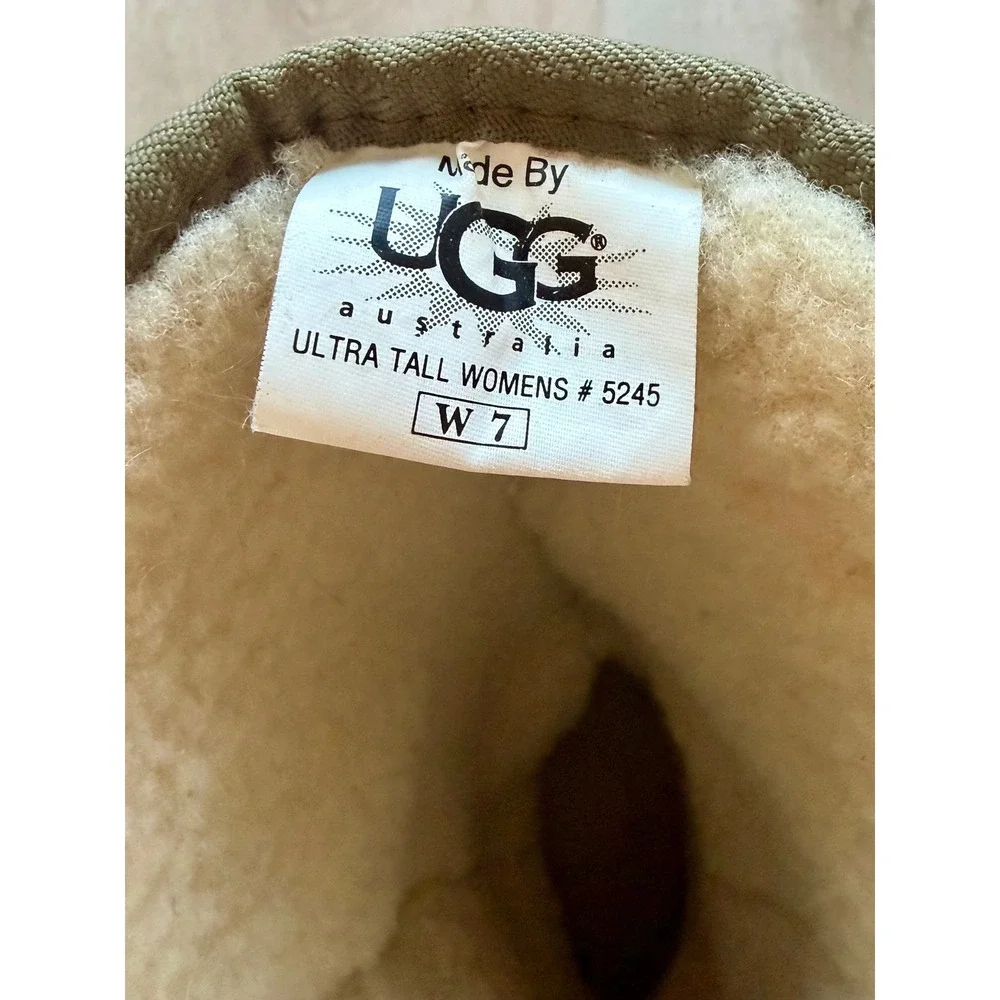 Vintage Ugg Ultra Tall Boots Suede Shearling Embroidered Braid Womens 7 Brown